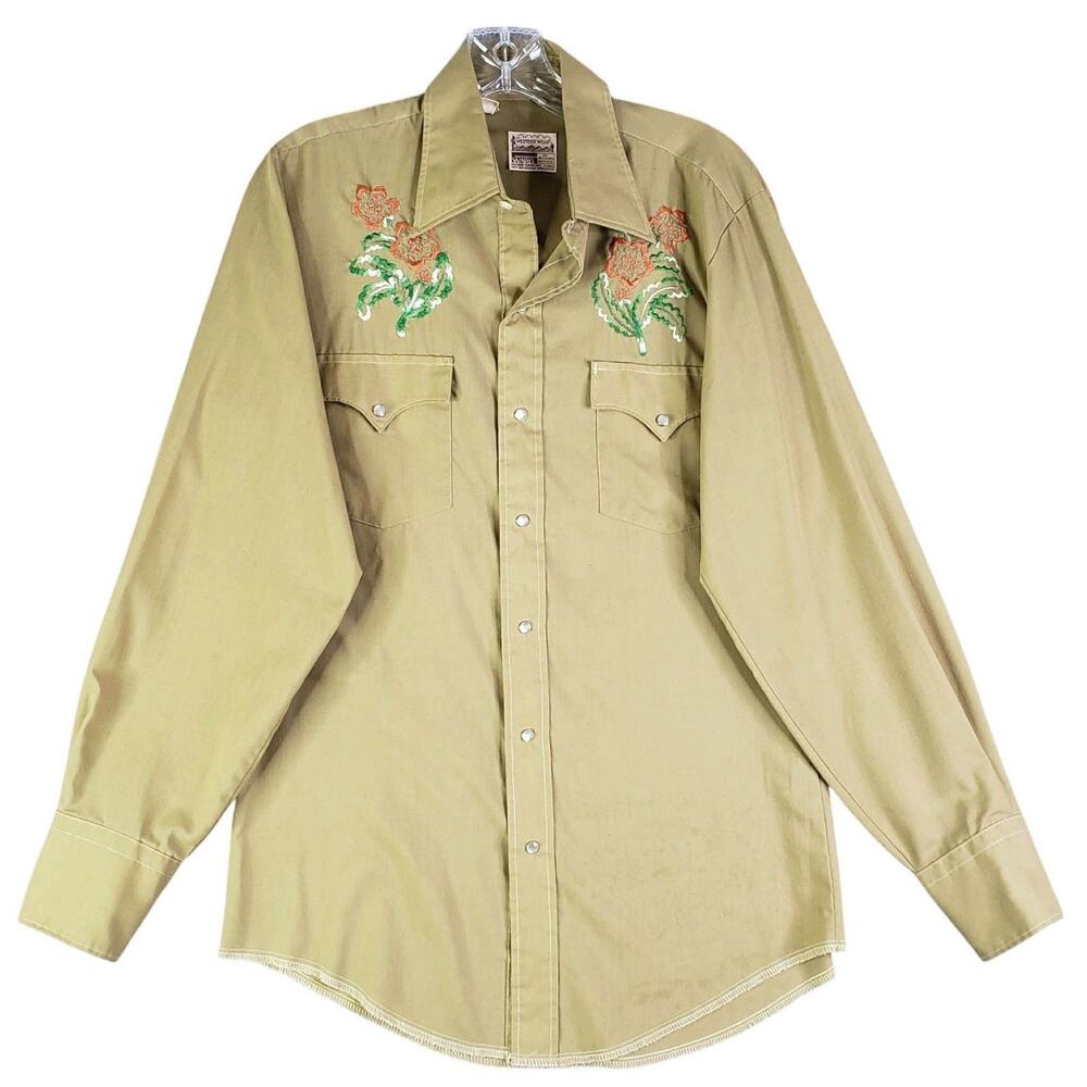 VTG 70s Pearl Snap Western Shirt Mens L Rockabilly Floral Cowboy Montgomery Ward - Picture 2 of 10